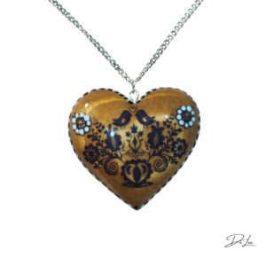Drevený náhrdelník Folkový prírodné orech, modrý motív